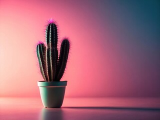 A lone cactus silhouette in deep shadows against a pastel pink gradient background
