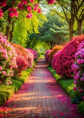 serene pathway in the park surrounded by vibrant pink flowers