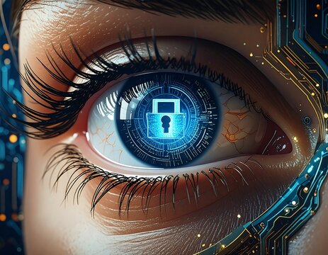 Digital eye with circuit board elements, a lock in its iris. Emphasizing data security. Close-up, realistic
