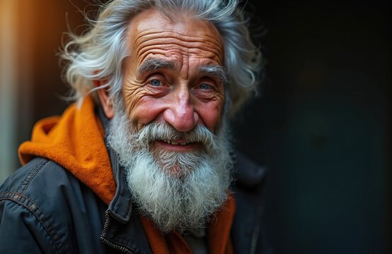 Elderly man with bright blue eyes and white beard smiles warmly. His wrinkled face shows a lifetime of experience. He wears an orange hoodie and dark jacket.