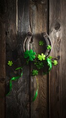Horseshoe with shamrocks and ribbon on weathered wooden background.