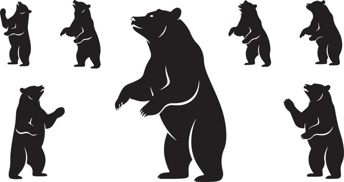 Bear silhouettes collection various poses standing upright big wild mammal vector illustration set