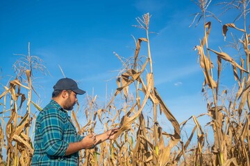 A young male farmer examines corn leaves while holding a tablet, integrating technology with traditional farming for better crop management.