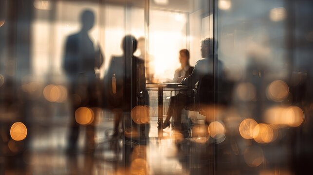 Dynamic business team collaborating on strategy during sunset meeting in modern office reflecting city lights creating warmth and vision for success