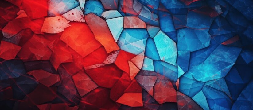 Abstract Mosaic of Red and Blue Geometric Shapes.