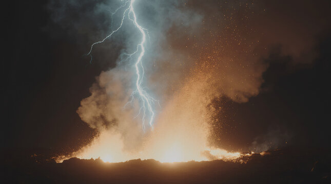 Insane cinematic shot of a volcanic eruption at night, lava exploding upward as a massive lightning bolt strikes inside the ash cloud, molten particles frozen in mid-air, extreme detail