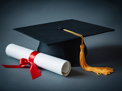 Celebrate academic success with this graduation cap and diploma, perfect for education marketing materials, student achievements, and back to school campaigns