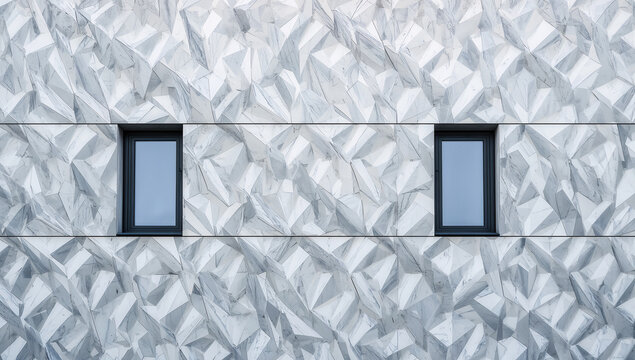 Modern building facade with geometric design and symmetrical windows