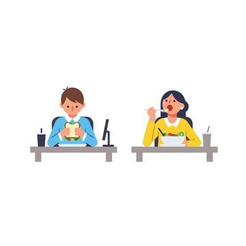 Office workers eating healthy lunch at their desks in a modern workspace.
