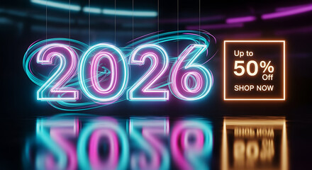 Neon 2026 year with swirling light trails and 50% off sale offer in a square frame new year discount