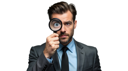 Businessman holding magnifying glass isolated on transparent background | inspection, analysis, search concept