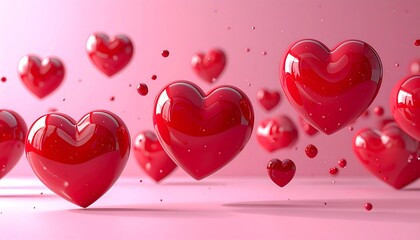 Glossy, crimson hearts of varying sizes float against a soft pink backdrop, with small spheres adding dimension