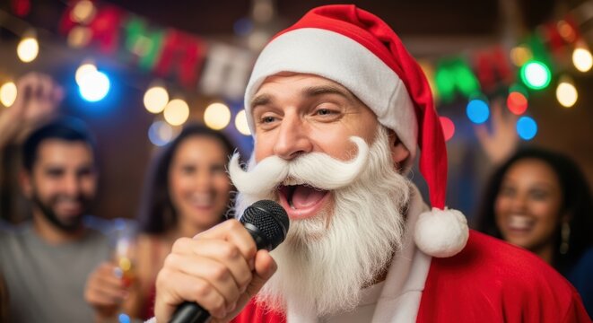 Man dressed as Santa Claus singing karaoke at a Christmas party with friends. Joyful holiday celebration and festive entertainment.