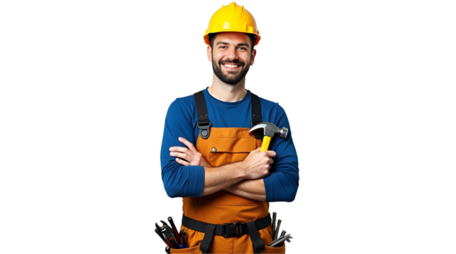 Construction worker holding hammer on transparent background | handyman isolated | professional builder
