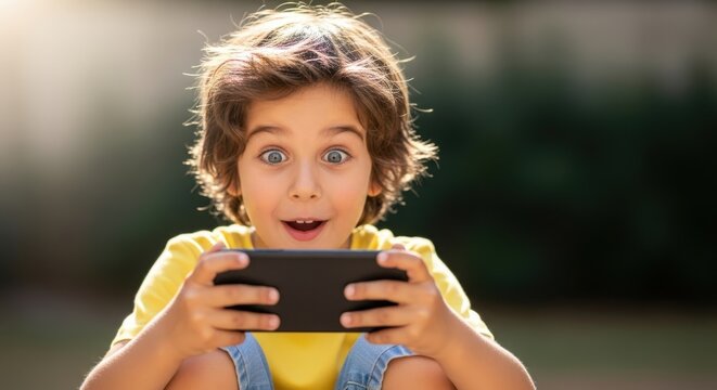 Cute child boy looking surprised while playing mobile game on smartphone. Little kid engrossed in digital device, gaming concept with entertainment.