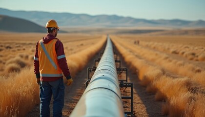 Worker in hard hat and safety vest stands beside long industrial pipeline stretching across arid landscape. He checks the oil conduit under a clear sky in a remote area.