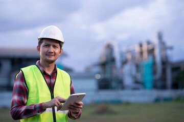 Professional engineer using tablet to inspect and record data at industrial plant, emphasizing precision, productivity, and modern industry.