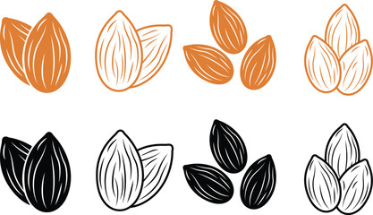 Hand drawn almond set vector nuts Illustration on transparent background.