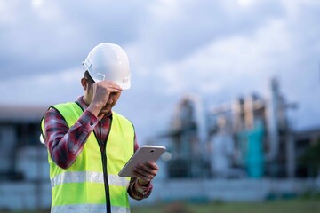 Engineer adjusting safety helmet while reviewing technical data on tablet, reflecting responsibility, focus, and safety compliance.