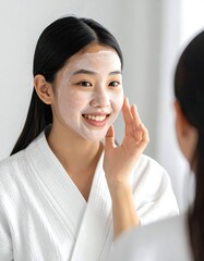 Young woman applies cream to her face while smiling in a bathrobe.