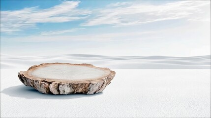 A wooden tree stump serves as a podium on a white sandy desert landscape with a blue sky and clouds.