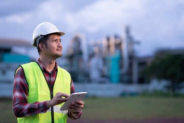 Industrial professional looking up while holding a digital tablet, symbolizing vision, planning, and progress in engineering technology.