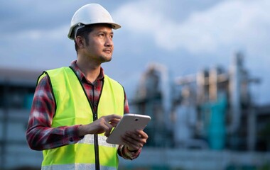 Engineer using digital tablet for site inspection, standing confidently under cloudy sky, representing industrial determination and innovation.