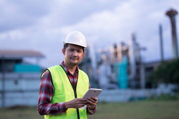 Engineer holding tablet device while smiling confidently, showcasing modern digital technology and industrial innovation.