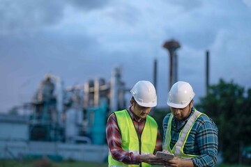 Engineer team standing together at factory site, one pointing ahead while the other holds a tablet, showcasing leadership and field supervision.