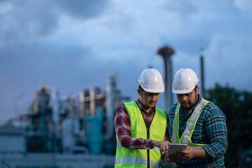 Two engineers inspecting site progress with tablet in hand, representing modern industrial planning and digital transformation in fieldwork.