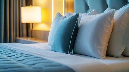 Luxurious hotel quality mattress a sophisticated bedroom setting with plush pillows layered bedding and soft lighting creating a premium experience focused on relaxation