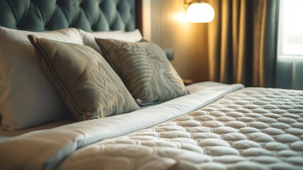 Luxurious hotel quality mattress a sophisticated bedroom setting with plush pillows layered bedding and soft lighting creating a premium experience focused on relaxation