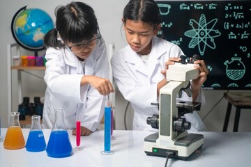 Young girl scientist using pipette to mix colorful chemical solutions in a laboratory, representing creativity and curiosity in science learning.