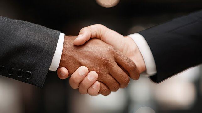 Closing the deal with a firm handshake showcasing diversity and partnership, ideal for corporate communications and global business ventures success