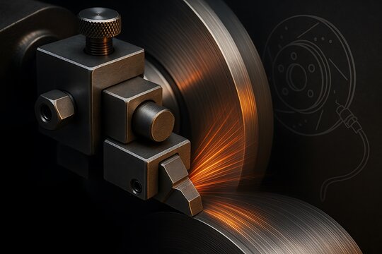 Brake Lathe Cutting Head with Precision Clamping Blocks with Warm Orange-Silver Streaks - Powered by Adobe