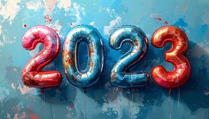 Digitized New Year composition featuring 2023. Bright, metallic-like numerals are floating with a vibrant, painterly background
