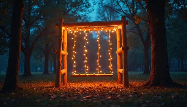 Empty wooden swing set at dusk adorned with warm fairy lights. Serene park scene with trees foliage, fallen leaves ground. Peaceful atmosphere beckons.