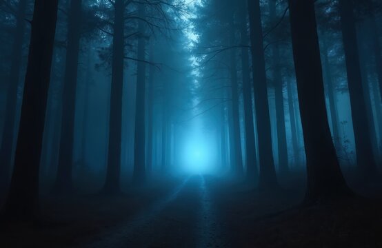 Mystical dark forest path with bright blue light at end. Tall trees shrouded in fog, creating a mysterious atmosphere. Twilight scene, surreal woodland.