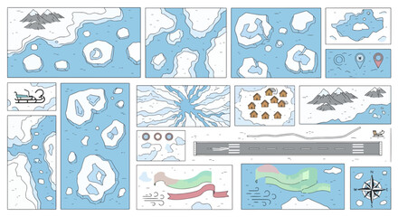Arctic Map Vector Set with Icebergs, Mountains, and Compass – Polar Expedition Illustration Elements