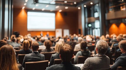Captivating conference hall packed with attendees listening attentively to a speaker during an informative corporate event for business growth and success
