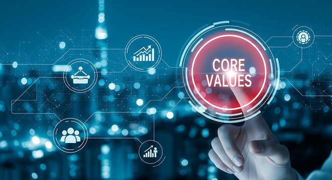 Finger touching a glowing red circle with the words core values inside, surrounded by digital icons and a blurred cityscape background