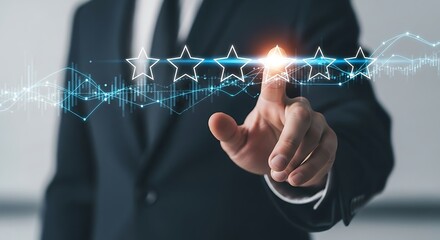Businessman touching a glowing fivestar rating system on a futuristic interface, representing customer satisfaction and service excellence