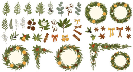 Christmas Botanical Wreaths and Decorative Elements Vector Set – Festive Winter Floral Illustration