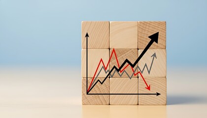 Wooden blocks with a financial graph showing upward and downward trends, symbolizing market volatility and growth