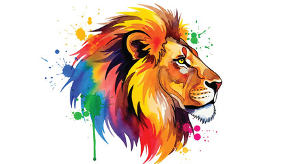 Flat 2D artistic profile portrait of a majestic lion's head rendered with vibrant watercolor splashes against a clean, plain white background, symbolizing power and wild nature.