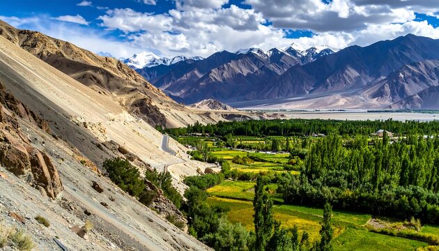 Expansive landscape showcasing a valley with lush green fields contrasted by rugged, sunlit mountains and a winding road. Clear skies and snow-capped peaks