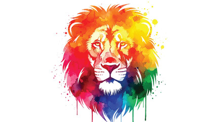 A majestic flat 2D lion head silhouette is vividly painted with colorful flowing watercolor textures standing out dramatically against a pure white background.