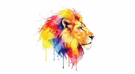 A vibrant, majestic lion profile portrait is dynamically rendered using a bright watercolor splash technique in a bold, flat 2D style against a clean, plain white background.