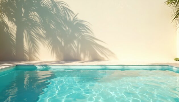 Bright turquoise pool water casts palm leaf shadows on plain beige wall. Clean poolside area offers tranquil summer vacation vibe. Relaxing scene.