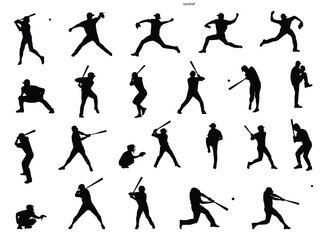 Set of silhouettes of baseball players in different poses. Baseball players, vector illustration.